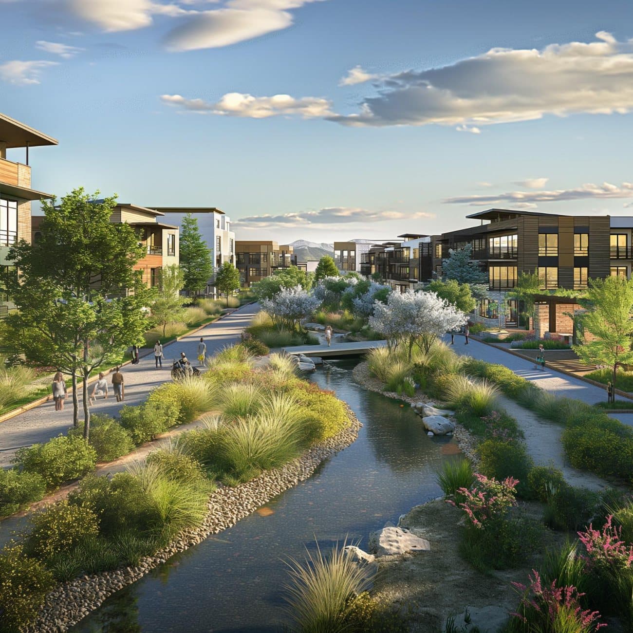 Rendering of a walkable neighbourhood along a restored stream with native grasses