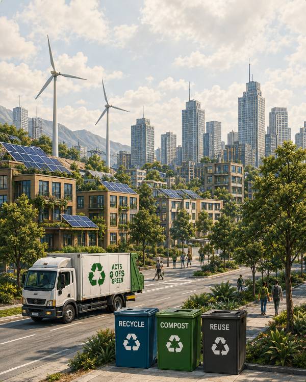 Green stage — recycling collection, rooftop solar, wind turbines