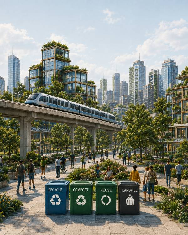 Sustainable stage — transit, green roofs, integrated street life
